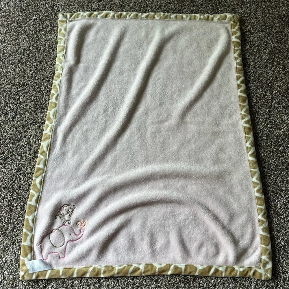 Carters Pink Baby Blanket Elephant Monkey with Giraffe Print Edging 30x40